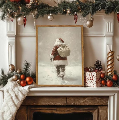 Framed Vintage Christmas Canvas Wall Art, Rustic Santa Claus Walking Snowy Wall Decor Paintings, Winter Holiday Aesthetics Pictures Print Christmas Home Decor for Living Room Bedroom 12×16 inch
