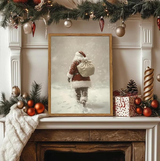 Framed Vintage Christmas Canvas Wall Art, Rustic Santa Claus Walking Snowy Wall Decor Paintings, Winter Holiday Aesthetics Pictures Print Christmas Home Decor for Living Room Bedroom 12×16 inch