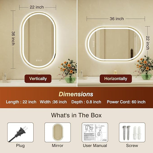 22x36 Inch Oval Gold Framed LED Bathroom Mirror with Lights, Built-in Bluetooth Speaker,Tempered Glass,Dimmable Lighted Bathroom Vanity Mirror with 3 Colors, Backlit + Frontlit, Memory, Anti-Fog