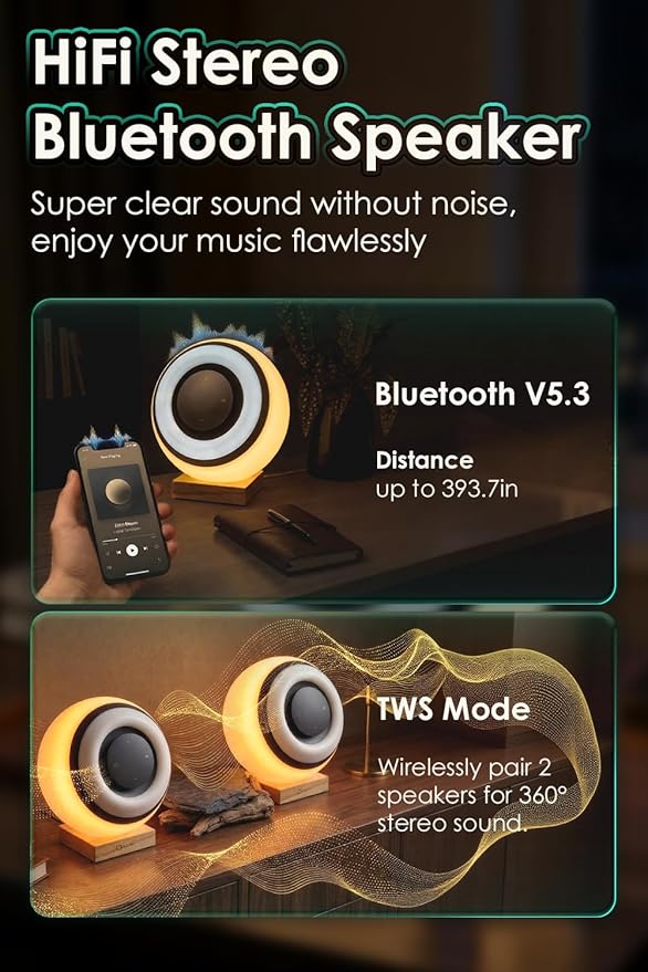CLSA Bluetooth Speaker Table Lamp, Dimmable Desk Lamp & Night Lamp with Touch Control, Portable LED Ambient Light with Wooden Base, Ideal for Bedroom, Living Room – Desktop or Wall Mountable
