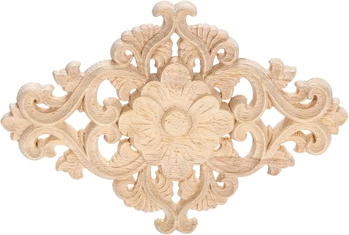 Wood Carved Appliques, 1Pc Wooden Decorative Onlays, MUXSAM Unpainted Furniture Center Decals for Cabinet Dresser Bed Door Wall Wardrobe Ceiling Decoration Home DIY Project, 15x10.5cm/5.9"x4.13"