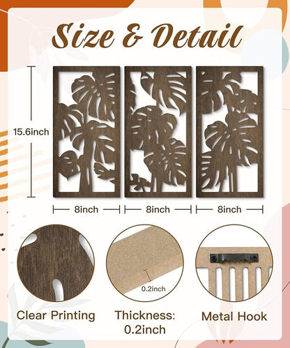 Putuo Decor 3-Piece Tropical Leaf Wood Wall Art Set, Palm Leaf Wall Hanging Decor for Bedroom Living Room Bathroom Balcony Decor