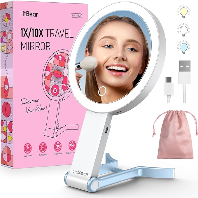 LitBear Travel Makeup Mirror with Lights, Rechargeable Double-Sided 10X/1X Magnifying Mirror, Portable Lighted Beauty Mirrors, 3 Color Lighting, Dimmable Touch Screen, Tabletop Handhold Hanging (Blue)