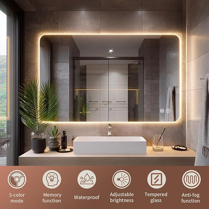 EOGOW Backlit Mirror for Bathroom,40"x30" Backlit LED Bathroom Mirror wall Mounted with Anti-Fog,Stepless Dimmable,3 Color Lights,High Lumen, UL Listed,Tempered Glass