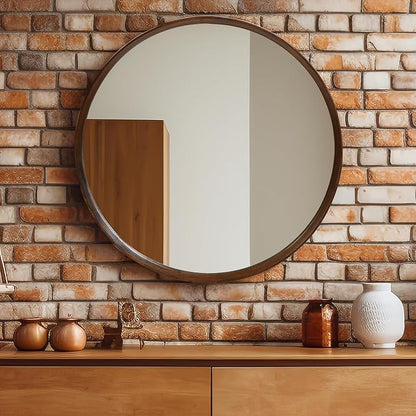 Round Wood Frame Mirror 28 Inch, Brown Wall Circle Mirror for Bathroom, Nursery, and Wall Decor