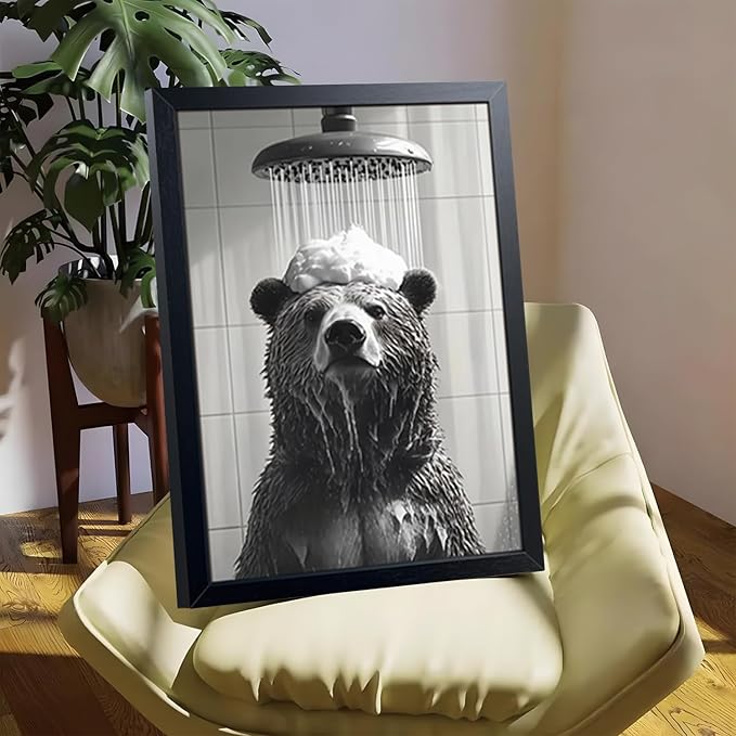 XYHYRA Funny Bear Bathroom Wall Art, Black and White Animal Shower Canvas Print Picture, Cute Bear Taking Bath Poster, Modern Farmhouse Bathroom Restroom Home Wall Decor 16x24 inch Wood Framed