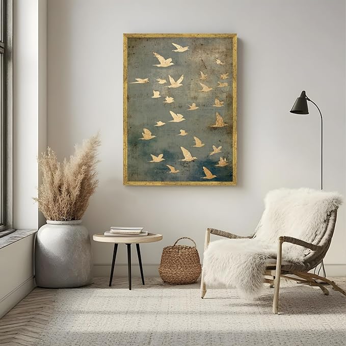Large Gold Framed Flock of Flying Birds Canvas Wall Art Modern Japandi Minimalist Spiritual Home Decor Vintage Teal Bird Poster Painting Prints Retro Abstract Animal Pictures Artwork 24x36inch