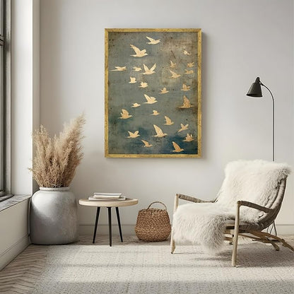 Large Gold Framed Flock of Flying Birds Canvas Wall Art Modern Japandi Minimalist Spiritual Home Decor Vintage Teal Bird Poster Painting Prints Retro Abstract Animal Pictures Artwork 24x36inch