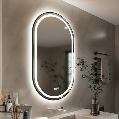24x32 inches Oval Aluminum Black Framed LED Mirror, Smart Bathroom Mirror with Lights, Anti-Fog, Tempered Glass, 3 Colors Dimmable, Front and Backlit, Wall Mounted, Memory