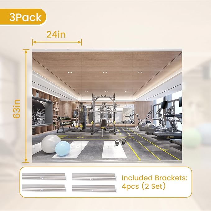 63X24 3Pack Large Home Gym Mirror, Frameless Tempered Glass Dance Wall Mounted Mirror for Home, Yoga, Dancing, Studio, Living Room