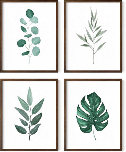 HAUS AND HUES Plant Wall Art - Botanical Prints Wall Art, Green Wall Art Collection Set Plant Pictures Wall Art, Leaves Paintings Minimalist Sage Green Wall Decor (11x14, Framed Walnut)