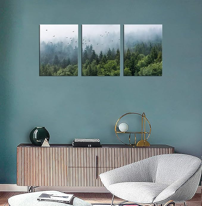 Green Forest Wall Art Tropical Foggy Forest Mountain Bird Contemporary Canvas Pictures Modern Artwork Framed for Bathroom Bedroom Nursery Living Room Home Office Kitchen Wall Decor 12" x 16" 3 Pieces