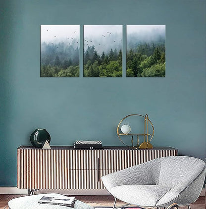 Green Forest Wall Art Tropical Foggy Forest Mountain Bird Contemporary Canvas Pictures Modern Artwork Framed for Bathroom Bedroom Nursery Living Room Home Office Kitchen Wall Decor 12" x 16" 3 Pieces