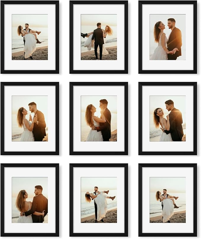 YESKAY 11x14 Picture Frame Set of 9, Photo Gallery Wall Frame Set, Display Pictures 8x10 with Mat or 11 x 14 Without Mat, Multi Photo Frames for Wall Mounting or Table Top Display, Black