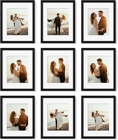YESKAY 11x14 Picture Frame Set of 9, Photo Gallery Wall Frame Set, Display Pictures 8x10 with Mat or 11 x 14 Without Mat, Multi Photo Frames for Wall Mounting or Table Top Display, Black