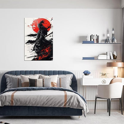 Japanese Samurai Wall Art Warrior Pictures Wall Decor Armored Samurai Painting Canvas Prints Bushido Poster Artwork Modern Home Decor Framed for Bedroom Living Room Office (12''W x 16''H)