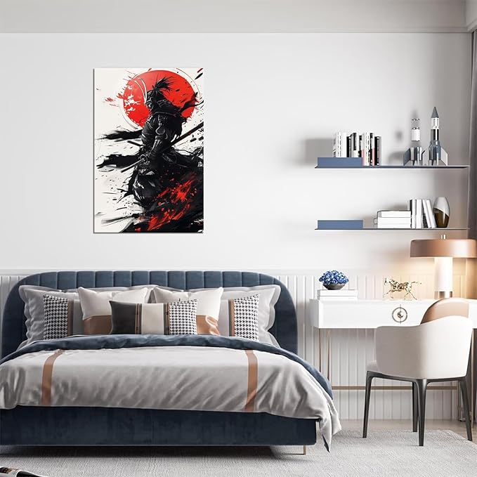 Japanese Samurai Wall Art Warrior Pictures Wall Decor Armored Samurai Painting Canvas Prints Bushido Poster Artwork Modern Home Decor Framed for Bedroom Living Room Office (28''W x 44''H)