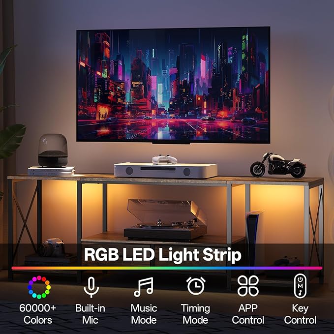 LED TV Stand with 2 Fabric Drawer - 63" Industrial TV Console Table with Open Storage Shelves for Living Room,Bedroom, Entertainment Center TV Stands for 65-75" TV - Black Steel Frame