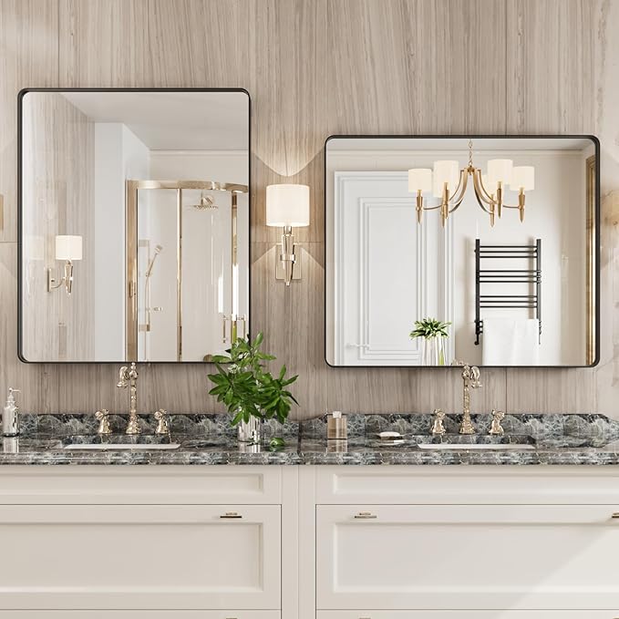 JISOSO Black Bathroom Mirror 30X36 Inch, Black Metal Framed Mirror for Wall, Rounded Rectangle Matte Bathroom Vanity Mirror with Tempered Glass, Anti-Rust, Horizontal/Vertical