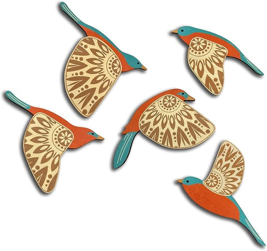 Vumyhuby 5 Pcs Teal Wooden Bird Wall Art | Rustic Folk Art Wall Decor for Indoor Use | Handcrafted Wood Flying Birds Wall Hangings for Living Room, Bedroom, Kitchen, Office | Scandinavian Home Decor Gift