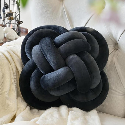 Xuyier Knot Pillow Ball, Decorative Throw Pillows with Velvet Fabric for Couch Bed, 12" Decor Knotted Square Floor Pillow Cushions for Living Room (12 Inches, Black)