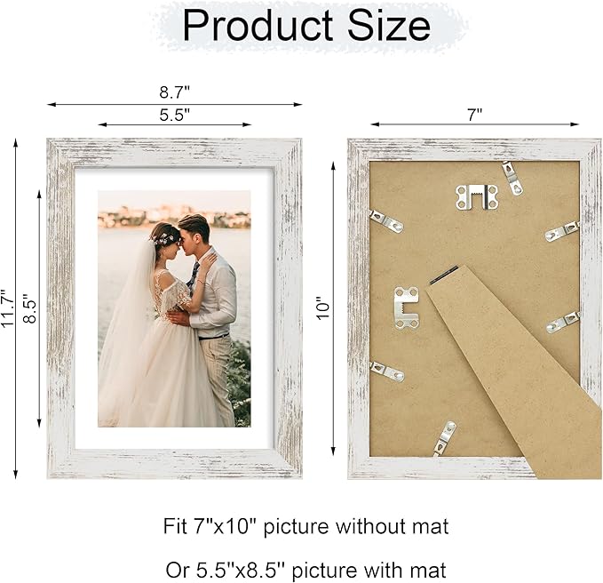 iRahmen 7x10 Picture Frame - High Definition Real Glass Wooden Photo Frames for Tabletop Display and Wall Mounting (Distressed-White, Set of 2)