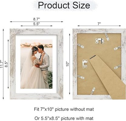 iRahmen 7x10 Picture Frame - High Definition Real Glass Wooden Photo Frames for Tabletop Display and Wall Mounting (Distressed-White, Set of 2)