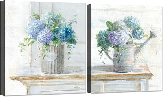 Blue Hydrangea Bathroom Wall Art 2 pcs Farmhouse Rustic Flower Art Botanical Floral Posters Paintings Framed Artwork for Dining Room kitchen Bedroom Living Room 12"x16"