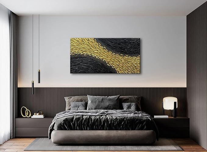 Slyart Black and Gold Wall Art, Large Gold Texture Abstract Art, Contemporary Art Oil Painting, 24"x48" Modern Home Decor for Living Room Bedroom