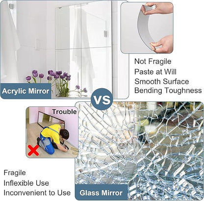 JUNEBRUSHS 4 Pack Self Adhesive Acrylic Mirrors, 12x 16 Inch Mirrors Tiles,Flexible Plastic Sheets Wall Stickers,2MM Thick Mirror,Frameless Small Mirror