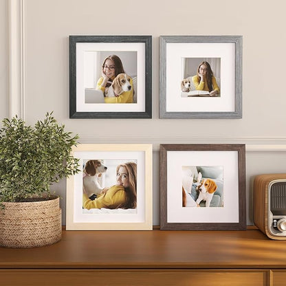 Egofine 8x8 Picture Frame Set of 4 Multicolor Solid Wood Frames Covered by Plexiglass, Display 4x4/6x6 Photo with Mat, Gallery Wall Picture Frames for Tabletop or Wall Mounting, Mixed Colors