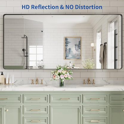 WEER Black Bathroom Mirror for Wall, 77X36 Inch Matte Black Mirror, Rectangular Black Metal Framed Vanity Mirror with Tempered Glass, Rounded Corner, Anti-Rust (Horizontal/Vertical)