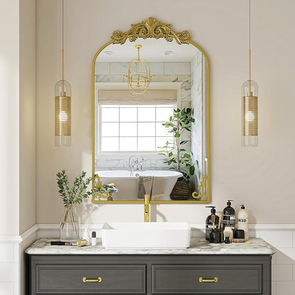 VooBang 26x38 inch Vintage Arched Bathroom Mirror - Gorgeous Wall Vanity Mirror with Beautiful Retro Top and Bottom Engraving Process Frame for Entryway Hallway Living Room, Gold