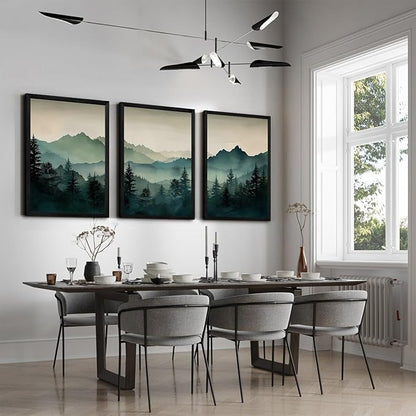 Mountain Wall Art Decor Set of 3 Sage Green Forest Canvas Wall Art Prints Nature Landscape Wall Decor Watercolor Pine Tree Pictures Abstract Modern Painting for Living Room Bedroom 16x24 Inch Framed