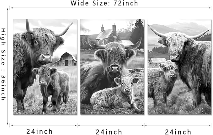 Yatsen Bridge 3 Panel Highland Cow & Calf Canvas Wall Art Warm Cute Cow Family Poster Wall Decor Black White Vintage Animals Artwork for Country Apartment Kitchen Hotel Decoration 24x36inchx3pcs