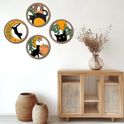 XFN 4PCs 3D Boho Cat Hanging Wooden Wall Art Wall Decor, Botanical Wall Decor Bohemian Decor, Cat Lover Gifts, Wooden Sign Wood Art Wood Plaque Home Decor for Living Room Bedroom Farmhouse Kitchen