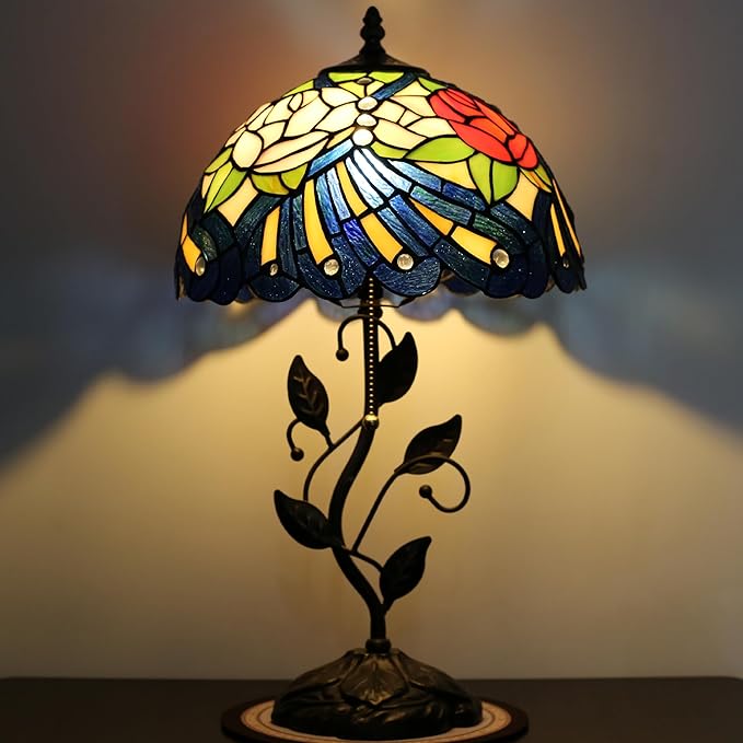 Tiffany Lamp Stained Glass Style Table Lamp Rose Style Bedside Desk Reading Light W12H19 Inch Metal Leaf Base with Metal Leaf Base