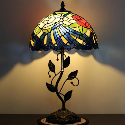 Tiffany Lamp Stained Glass Style Table Lamp Rose Style Bedside Desk Reading Light W12H19 Inch Metal Leaf Base with Metal Leaf Base