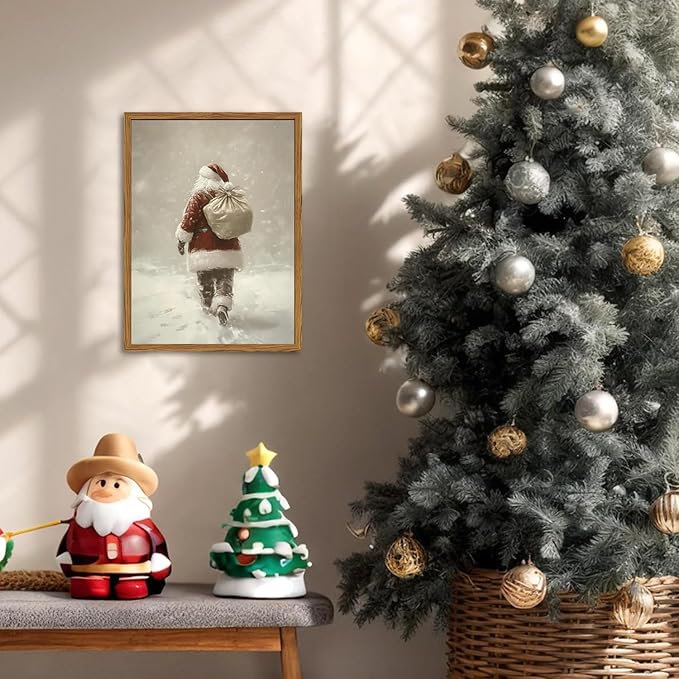 Framed Vintage Christmas Canvas Wall Art, Rustic Santa Claus Walking Snowy Wall Decor Paintings, Winter Holiday Aesthetics Pictures Print Christmas Home Decor for Living Room Bedroom 16x24inch