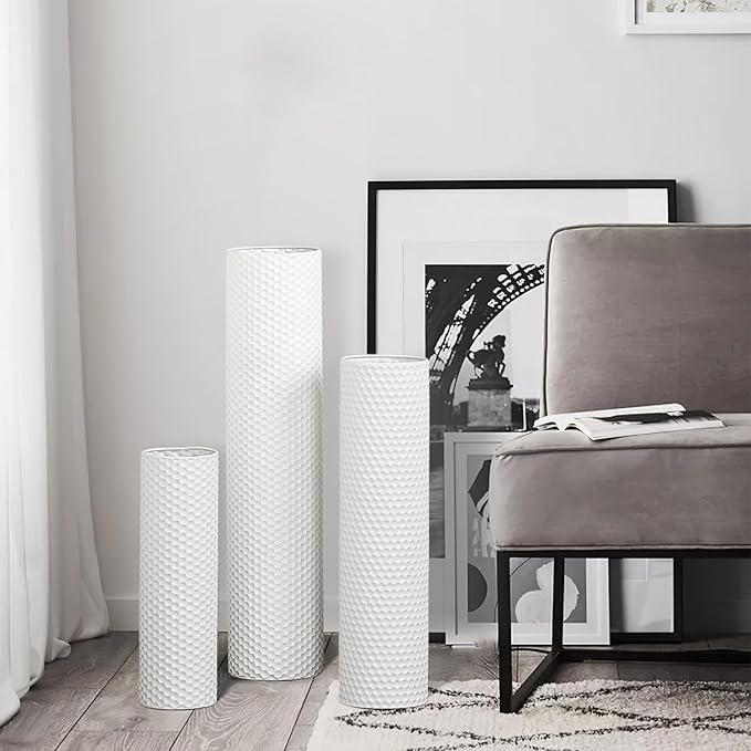 Dnnnii Tall Floor Vases Set of 3 - White Metal Cylinder Vases for Living Room Corner, Modern Honeycomb Texture, Extra Large Standing Decor (Tallest 27.6in, Home Bedroom Dining Decor)