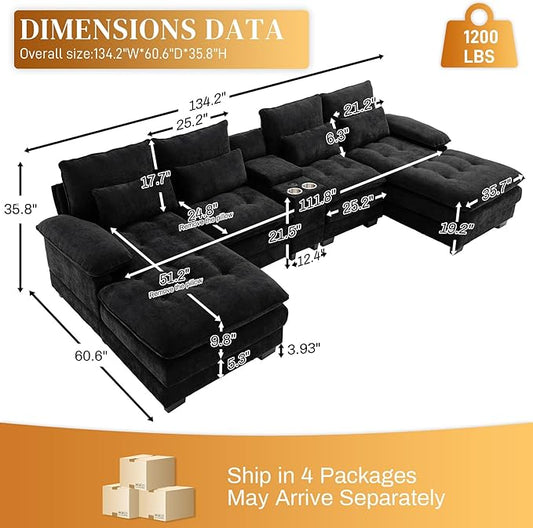 134"U Shaped Sectional Couches for Living Room,Oversized Modular Sectional Fluffy Couch with Chaise Lounge & Tufted Buttons,Modern Chenille 6 Seat Living Room Sofa Set with Storage Console,Black