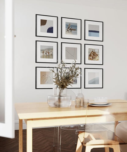 HAUS AND HUES 12x12 Black Metal Picture Frames Matted to 8x8 - Features Premium Aluminum & Hanging Hardware, Shatterproof Plexiglass - Ideal for Home, Room, Office (12x12 in, Black, Set of 9)
