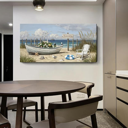 Extra Large Coastal Living Room Wall Art, Featuring A Printed Seaside Landscape, Boats, Beach Chairs, Seagulls, And Natural Wall Decor. A Modern Coastal Artwork For Bedrooms, Dining Rooms, Entryways, And Lounges. 58X29 Inches.