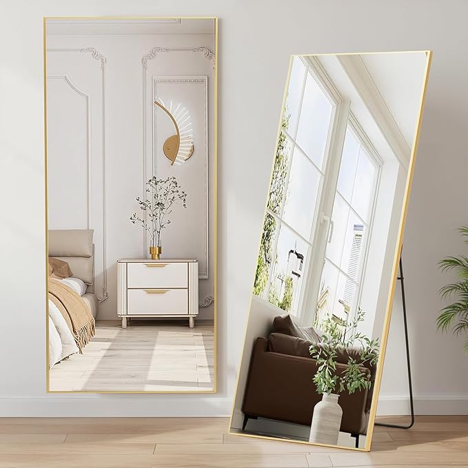 NEWBULIG Mirror Full Length, 65"x24" Body Wall Mirrors with Shatter-Proof Glass, Upgraded Floor Standing Mirror, Hanging or Leaning, with Stand Aluminum Alloy Frame for Home Decor, Bedroom, Gold