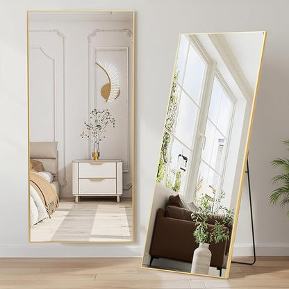 NEWBULIG Mirror Full Length, 65"x24" Body Wall Mirrors with Shatter-Proof Glass, Upgraded Floor Standing Mirror, Hanging or Leaning, with Stand Aluminum Alloy Frame for Home Decor, Bedroom, Gold