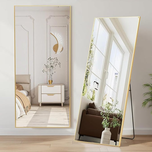 NEWBULIG Mirror Full Length, 65"x24" Body Wall Mirrors with Shatter-Proof Glass, Upgraded Floor Standing Mirror, Hanging or Leaning, with Stand Aluminum Alloy Frame for Home Decor, Bedroom, Gold