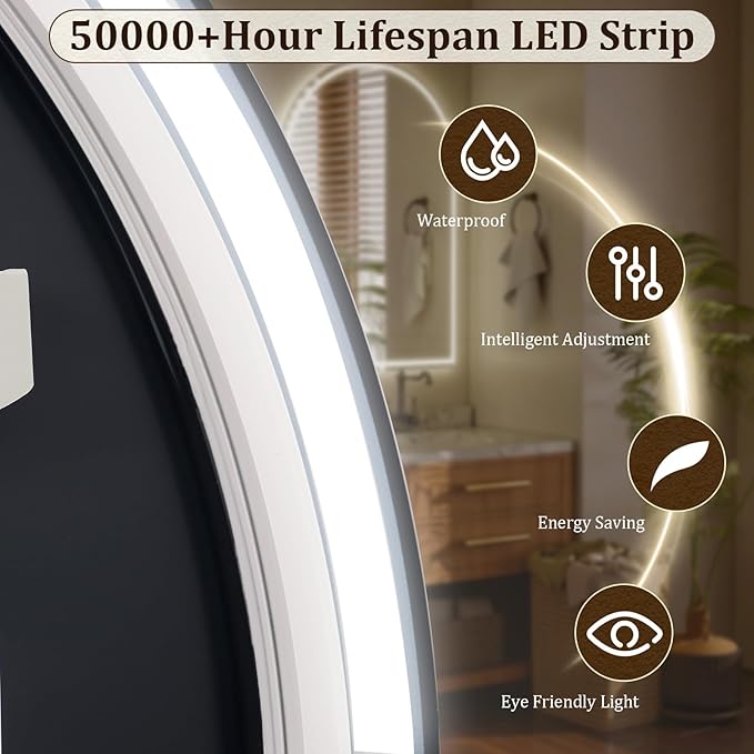 BEAUTYPEAK 34x30 LED Arch Bathroom Mirror with Lights, Anti-Fog, Dimmable, Backlit + Front Lit, Lighted Bathroom Vanity Mirror for Wall, 3 Colors, Memory Function, Tempered Glass, Shatter-Proof
