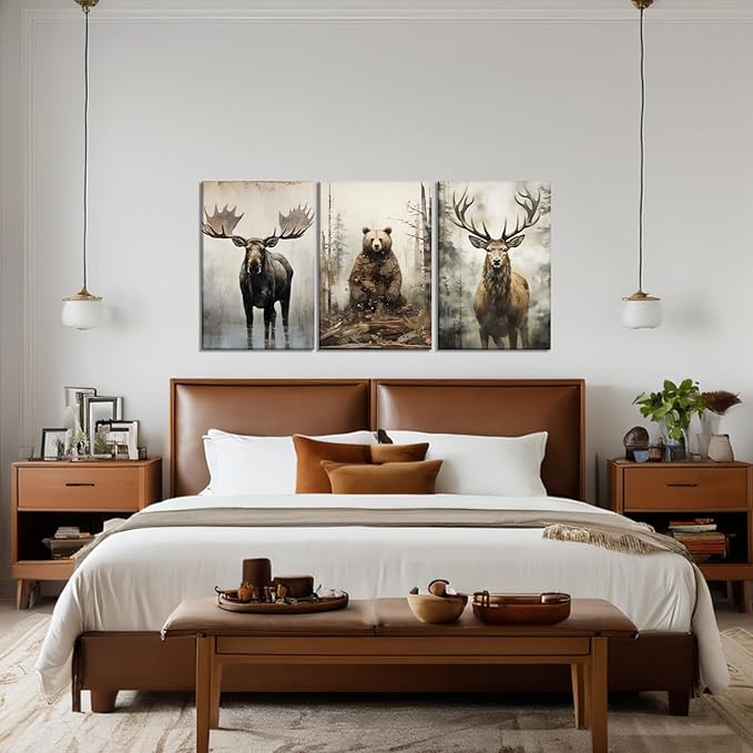 Woodland Animal Canvas Wall Art 3 Piece - Moose Elk Bear in Forest Picture Vintage Painting Rustic Farmhouse Wildlife Prints Home Wall Decor Framed(Art-2,11.00"x14.00"x3P)
