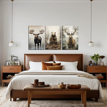 Woodland Animal Canvas Wall Art 3 Piece - Moose Elk Bear in Forest Picture Vintage Painting Rustic Farmhouse Wildlife Prints Home Wall Decor Framed(Art-2,12.00"x16.00"x3P)