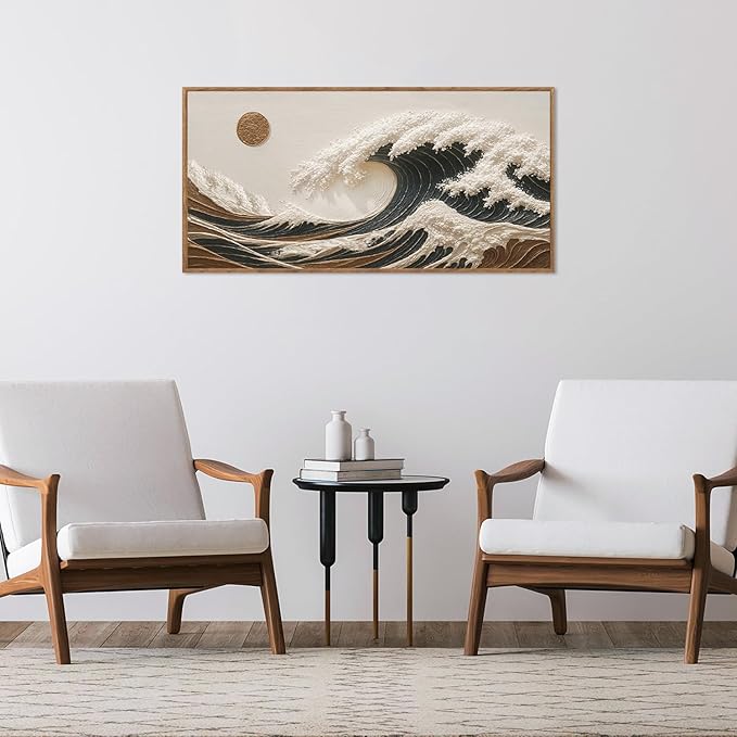 HLNIUC Boho Sea Great Wave Framed Canvas Wall Art,Vintage Japanese Ocean Horizontal Wall Decor,Large Abstract Nature Artwork(40x20),Neutral Sun Seascape Prints for Living Room,Bedroom,Office